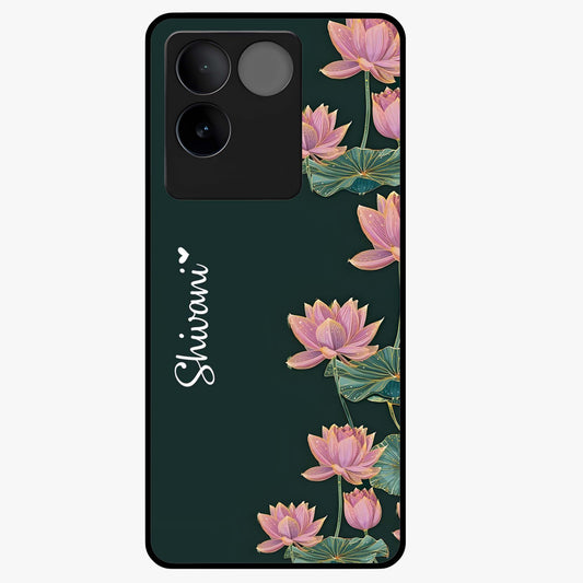 Lotus Bloom Serenity Custom Name Glass Case showing flat back view with elegant lotus flower artwork and personalized name design.