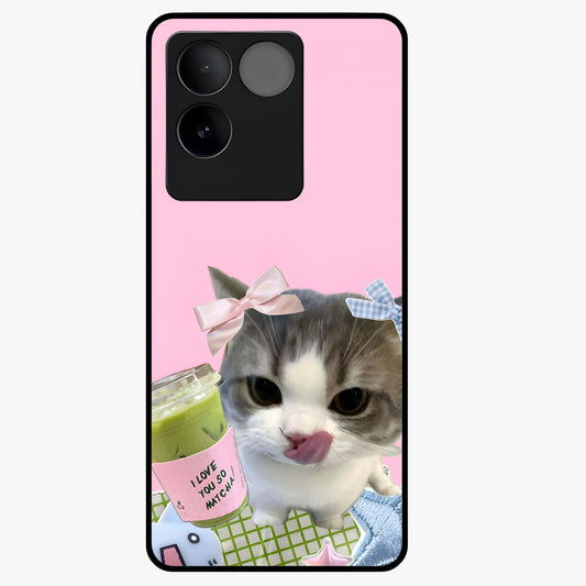 Love Matcha Cat Glass Case showing flat back view with cute cat and matcha themed artwork and glossy glass finish.