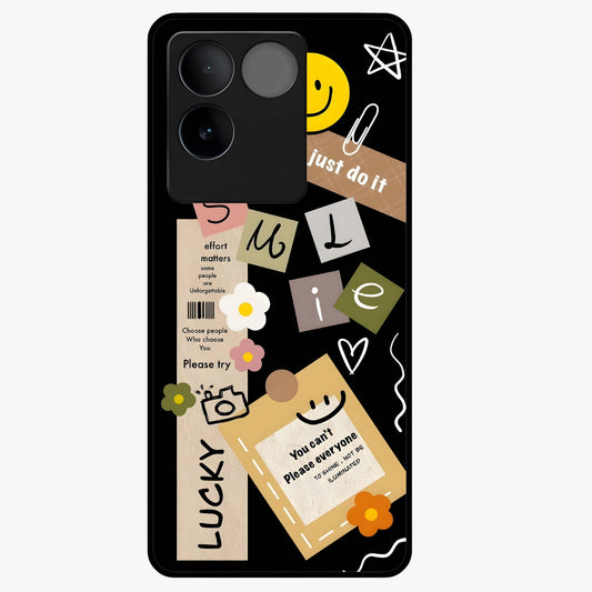 Lucky Aesthetic Collage Glass Case showing flat back view with trendy aesthetic collage artwork and glossy glass finish.