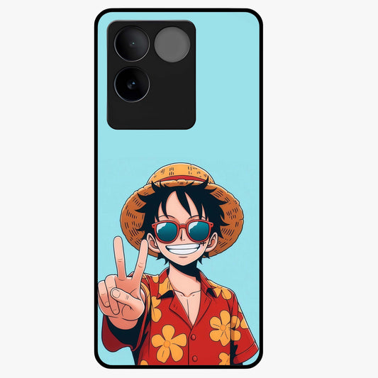 Luffy Summer Anime Vibe Glass Case showing flat back view with vibrant anime character artwork and glossy glass finish.