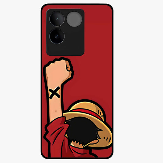 Luffy X Spirit Glass Case showing flat back view with bold anime character artwork and glossy glass finish.