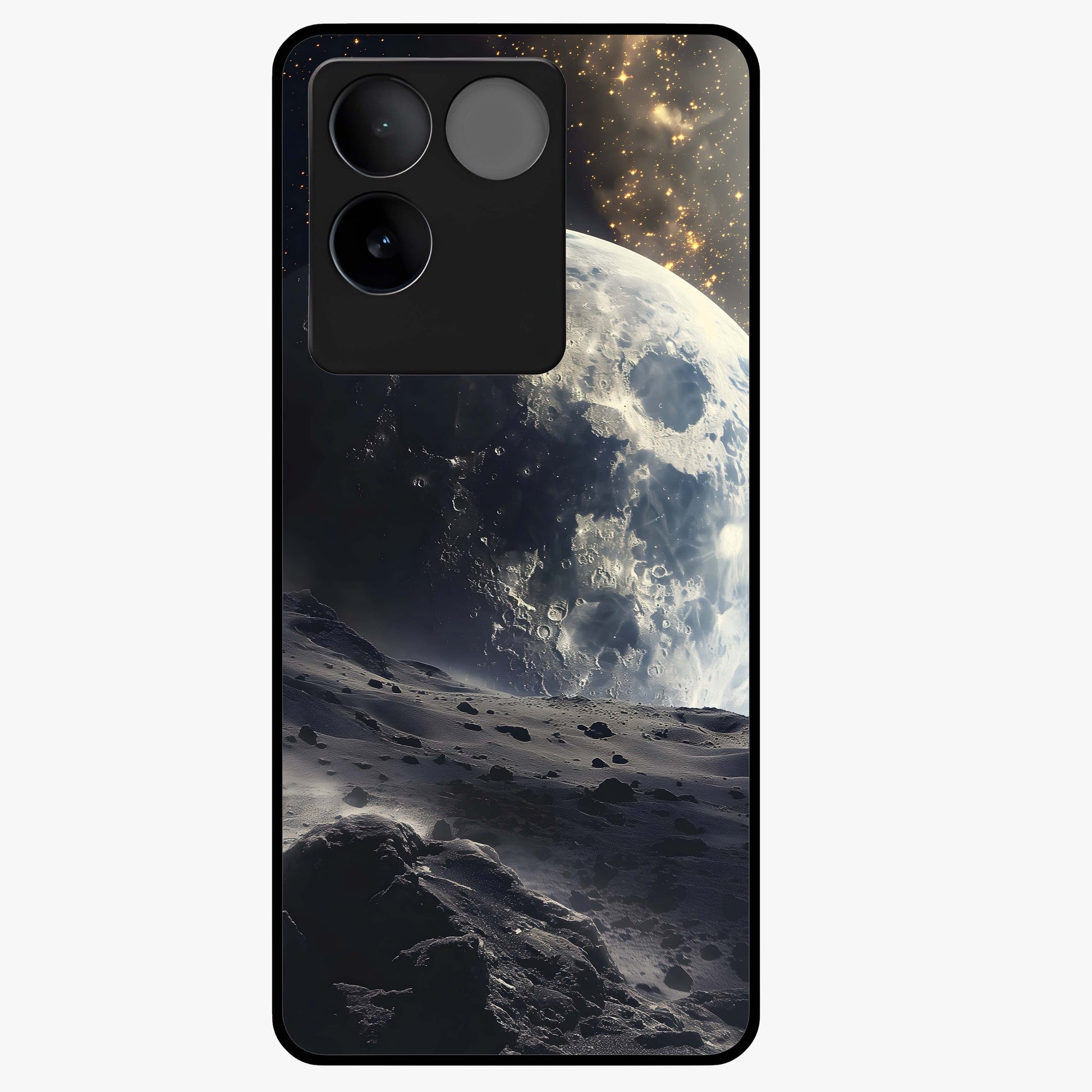 Lunar Horizon Glow Glass Case showing flat back view with glowing moon horizon artwork and glossy glass finish.