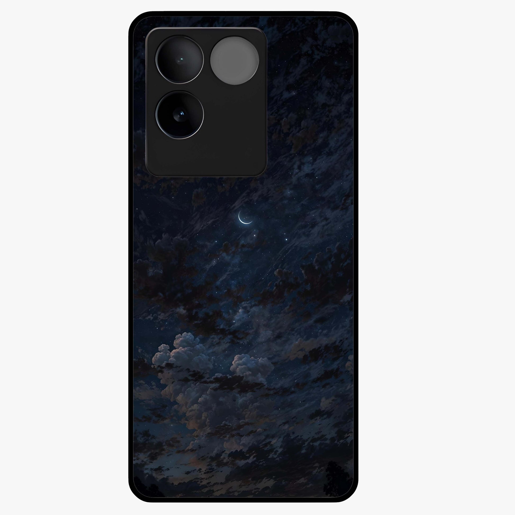 Lunar Veil Silence Glass Case showing flat back view with mystical moon veil artwork and glossy glass finish.