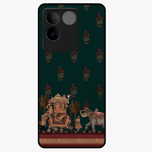 Macmerise Glass Case showing flat back view with stylish modern artwork and glossy glass finish.
