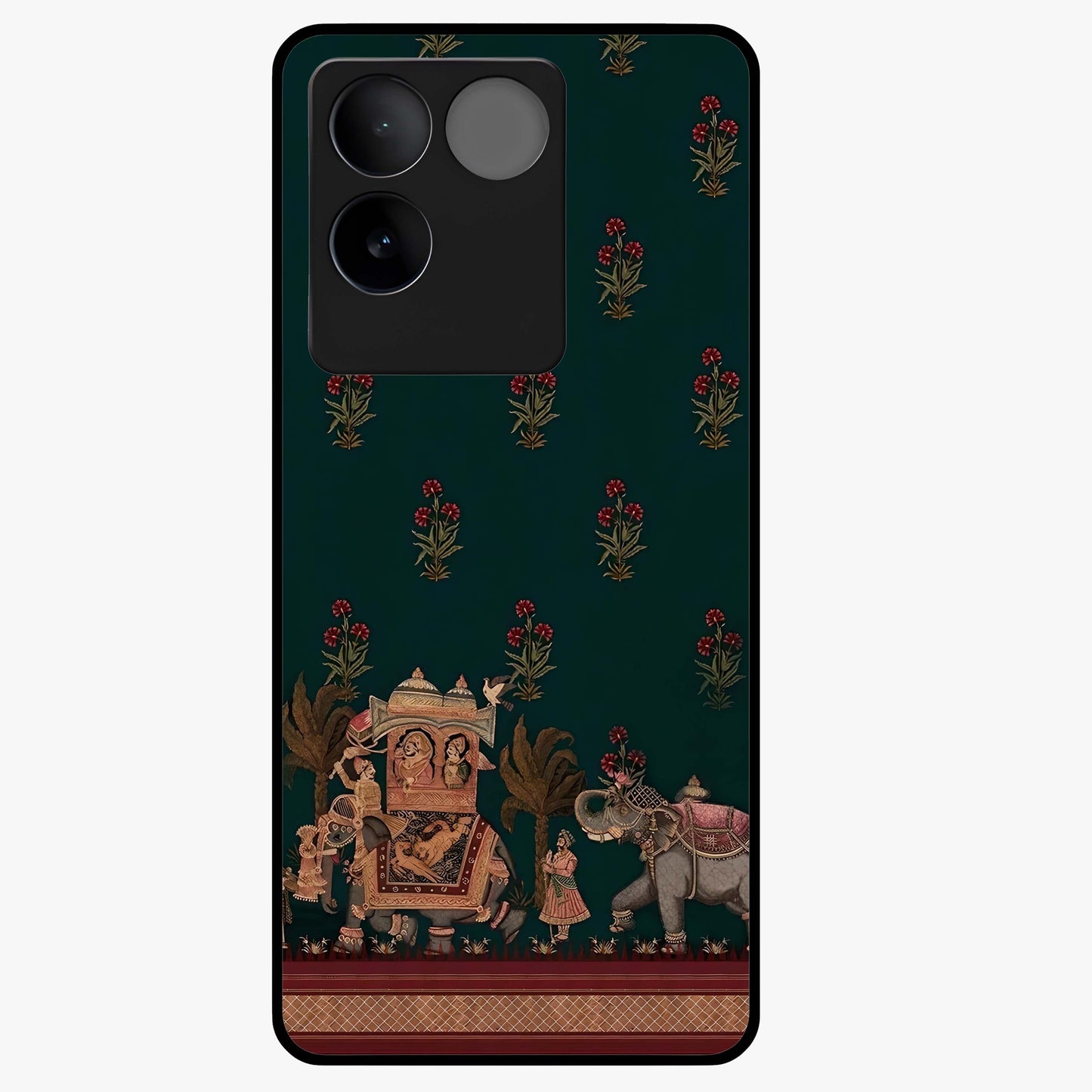 Macmerise Glass Case showing flat back view with stylish modern artwork and glossy glass finish.