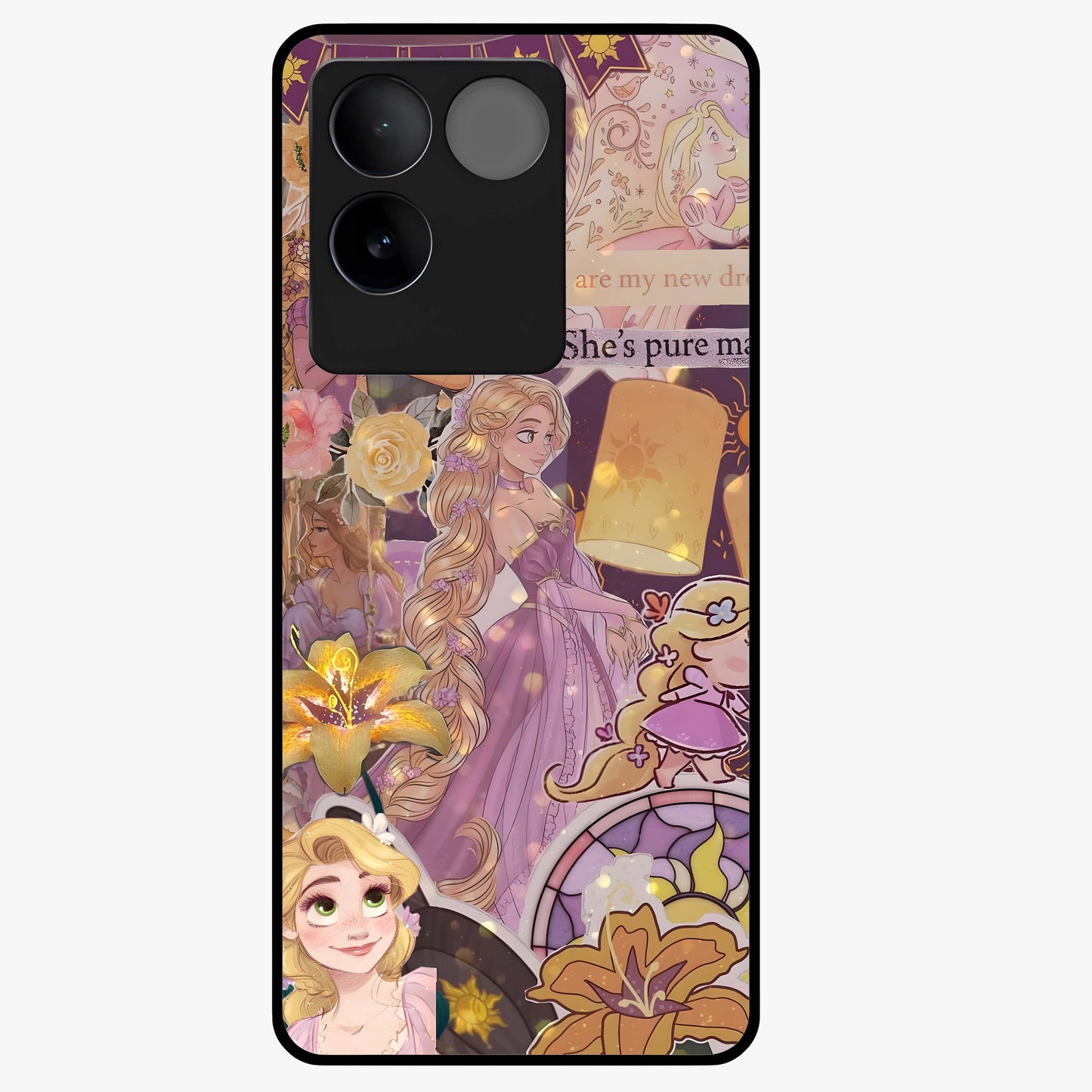 Magical Tangled Dream Glass Case showing flat back view with dreamy tangled artwork and glossy glass finish.