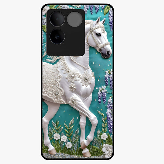 Majestic Floral Stallion Glass Case showing flat back view with powerful horse and floral artwork and glossy glass finish.