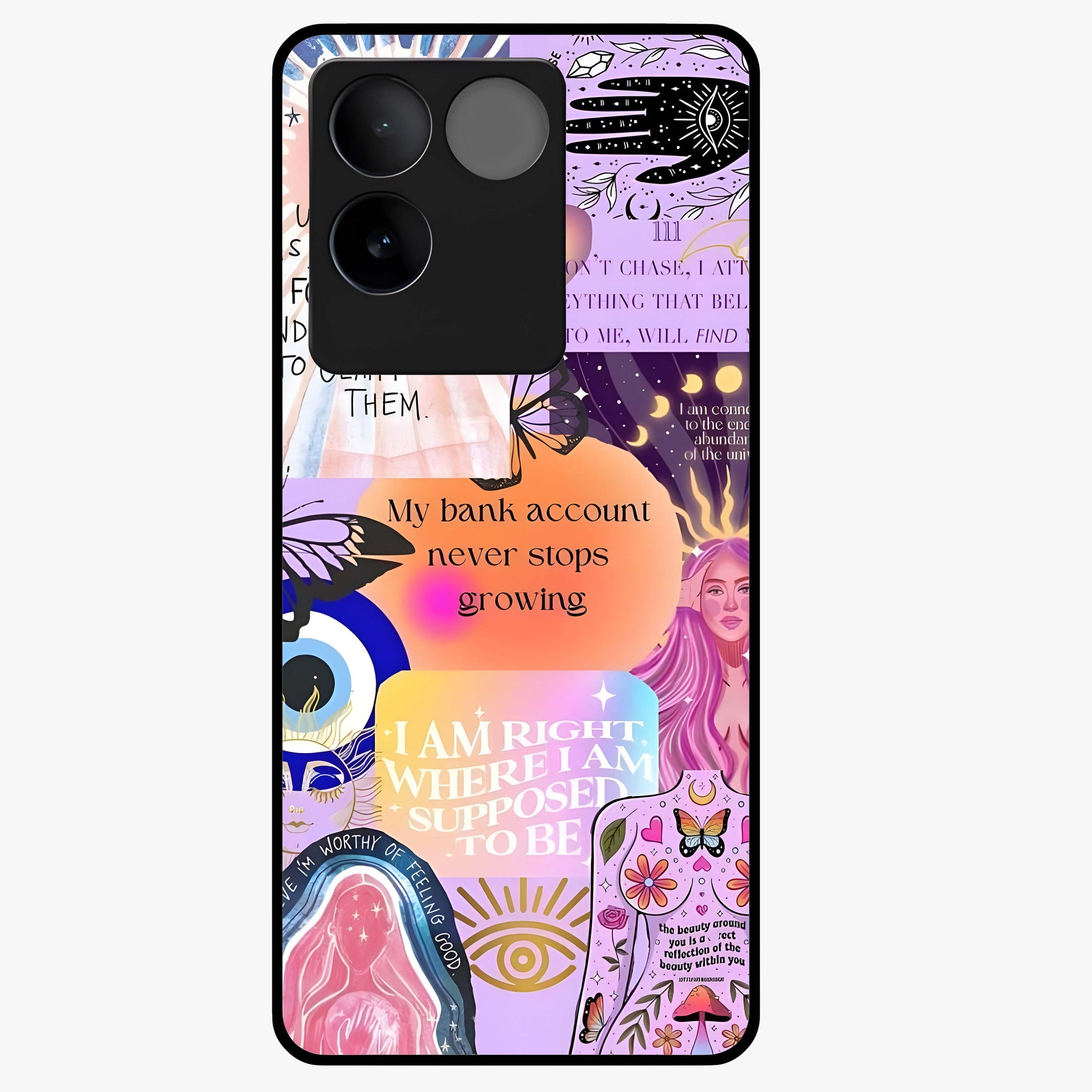 Manifestation Collage Glass Case showing flat back view with motivational collage artwork and glossy glass finish.