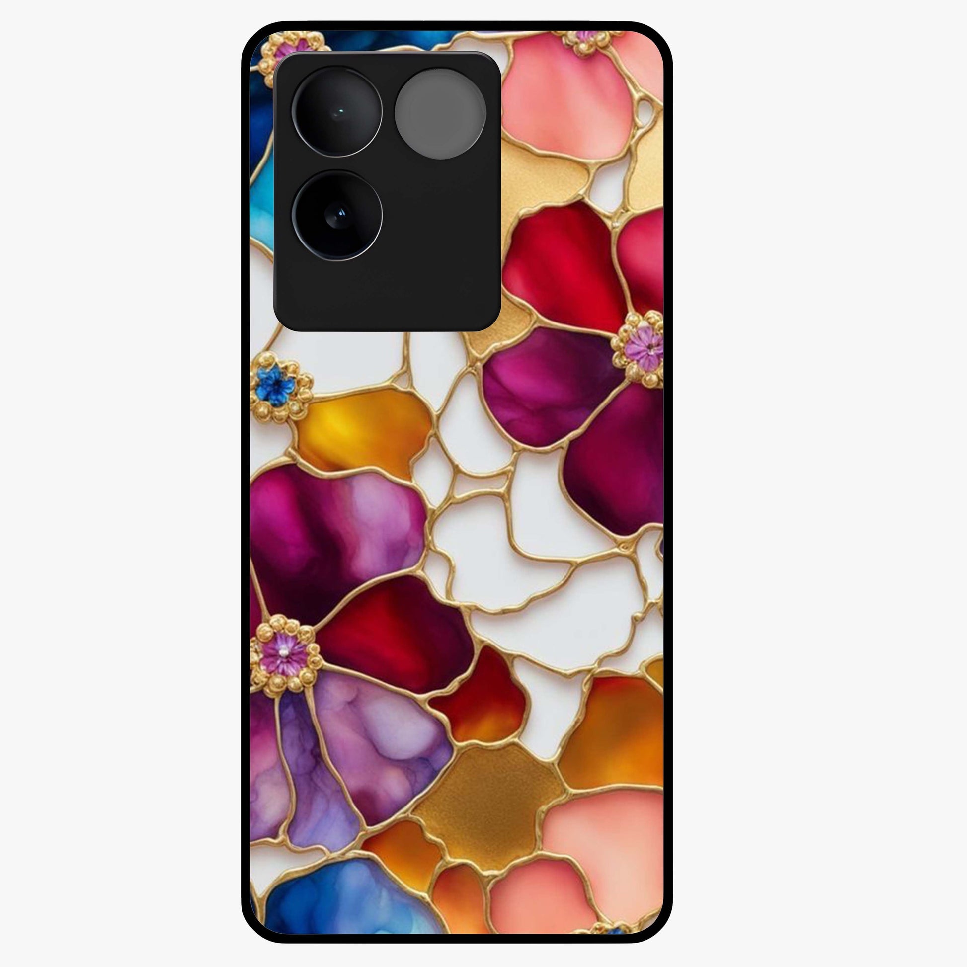Marble Flower Pattern Glass Case showing flat back view with marble texture floral artwork and glossy glass finish.