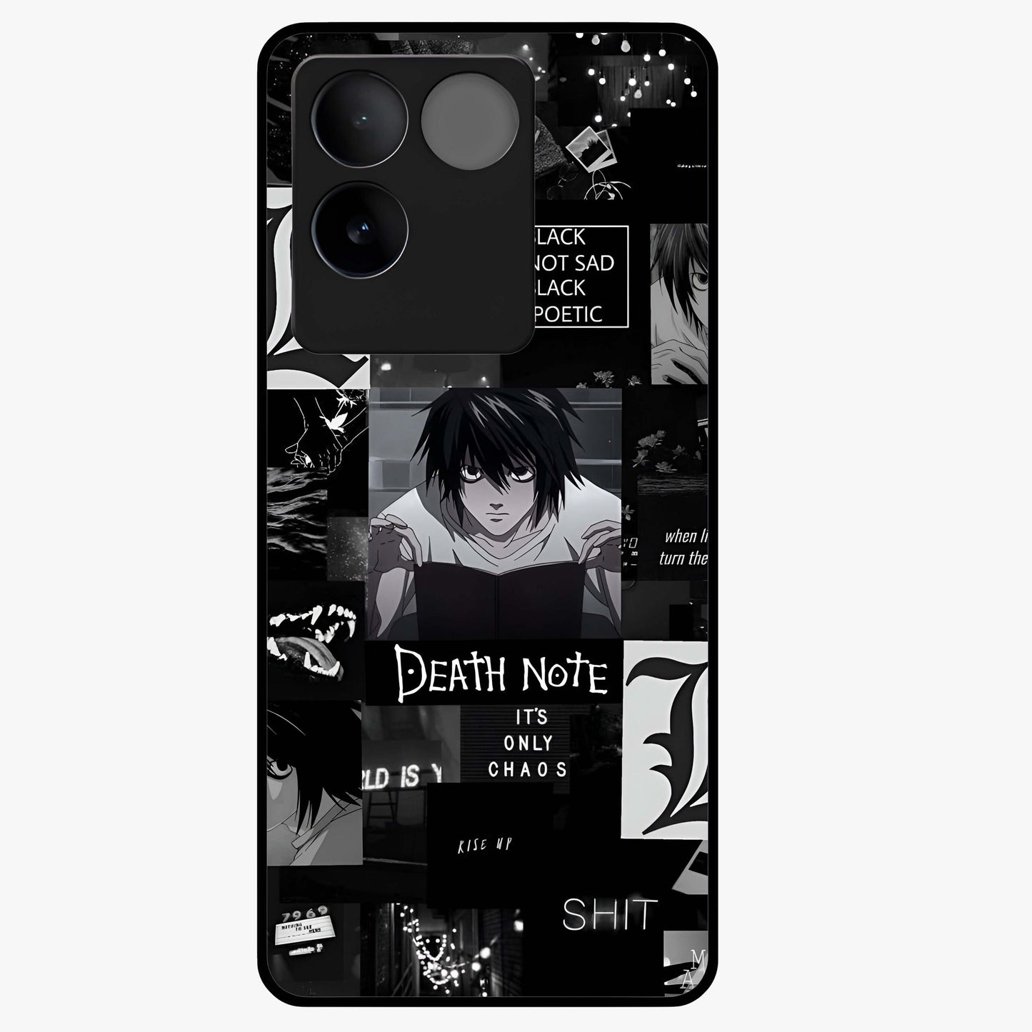 Midnight Chaos Mind Glass Case showing flat back view with abstract dark themed artwork and glossy glass finish.