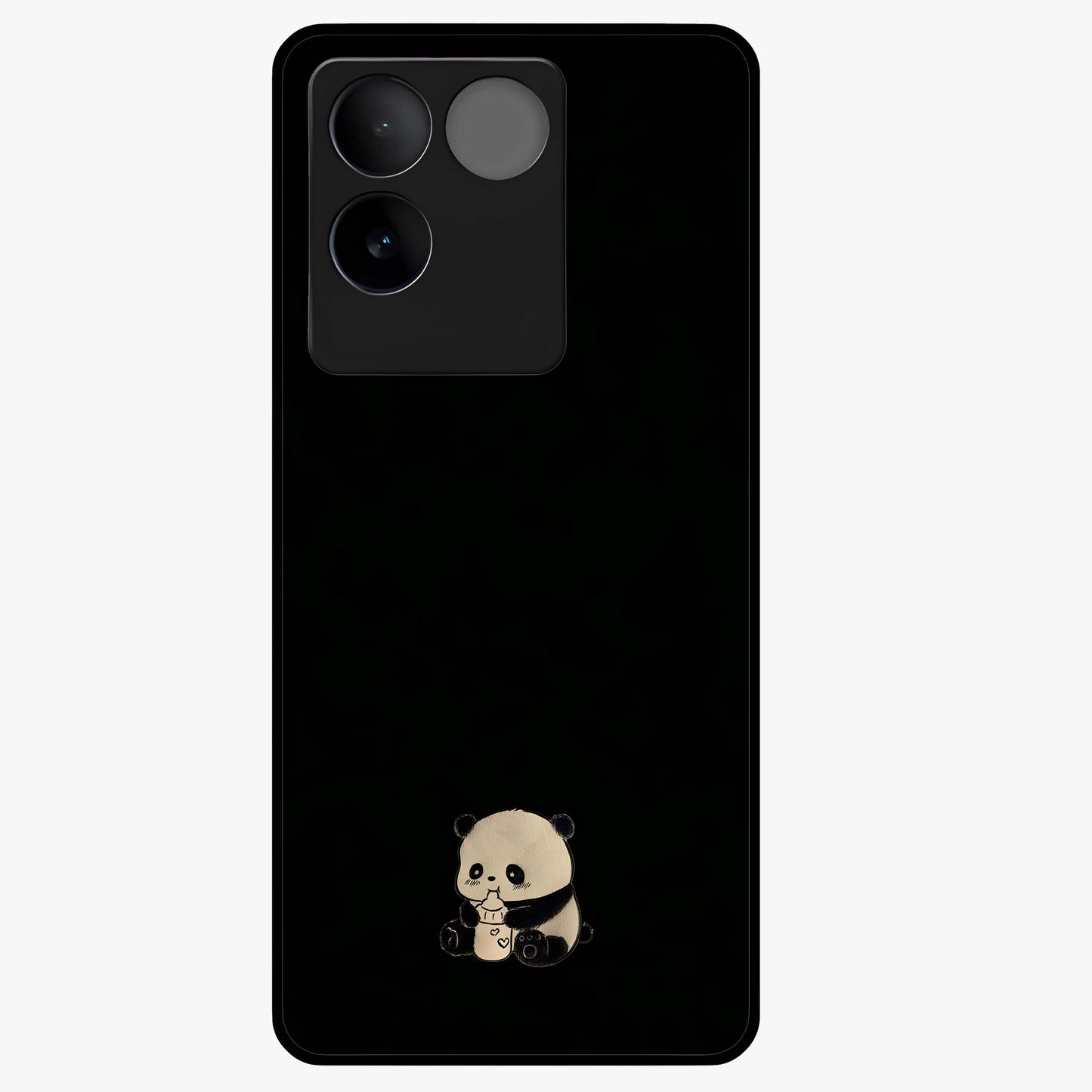 Midnight Panda Love Glass Case showing flat back view with cute panda themed artwork and glossy glass finish.