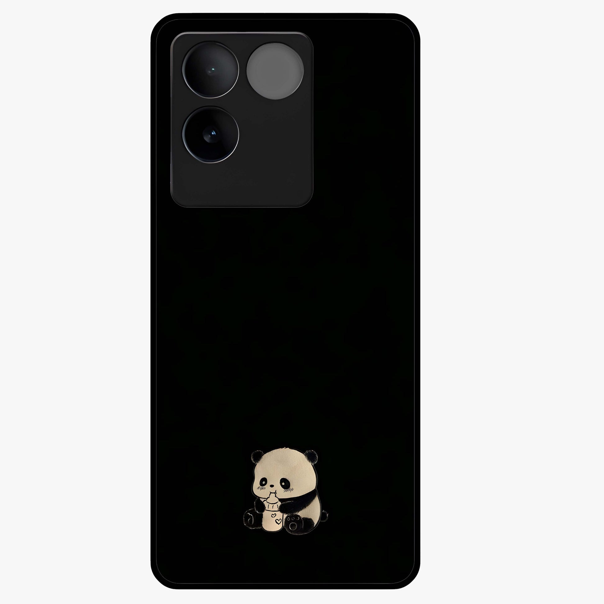 Midnight Panda Love Glass Case showing flat back view with cute panda themed artwork and glossy glass finish.
