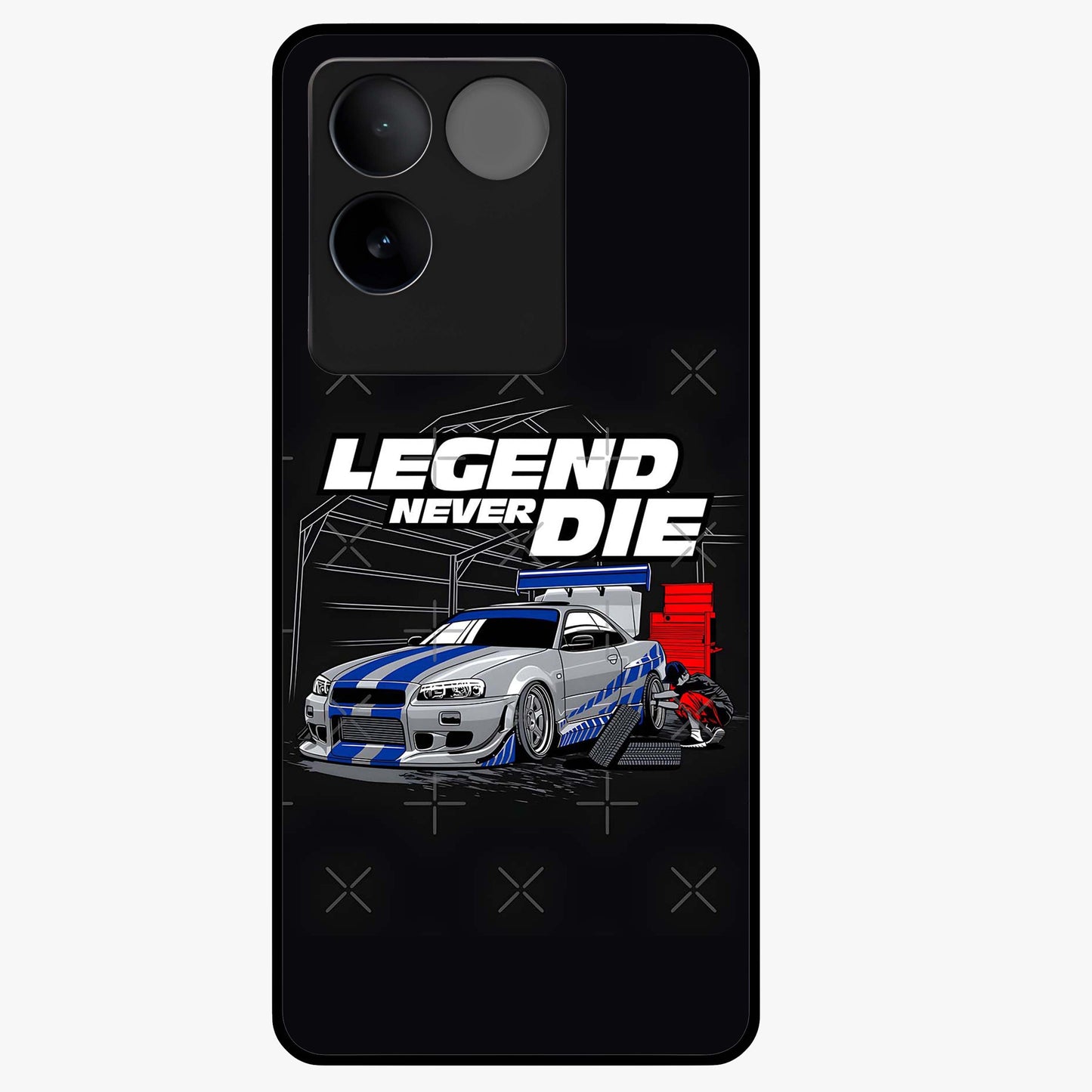 Midnight Racing Legacy Glass Case showing flat back view with sleek racing inspired artwork and glossy glass finish.