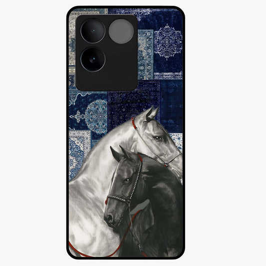 Midnight Stallion Blues Glass Case showing flat back view with majestic horse artwork and glossy glass finish.