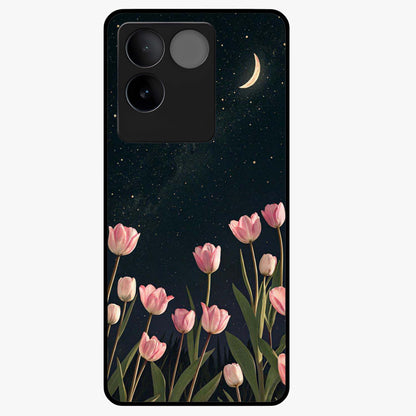 Midnight Tulip Whispers Vibe Glass Case showing flat back view with elegant tulip flower artwork and glossy glass finish.