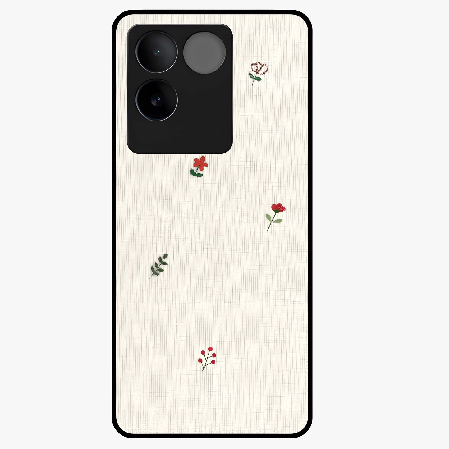 Minimal Petal Whispers Glass Case showing flat back view with soft minimal floral artwork and glossy glass finish.