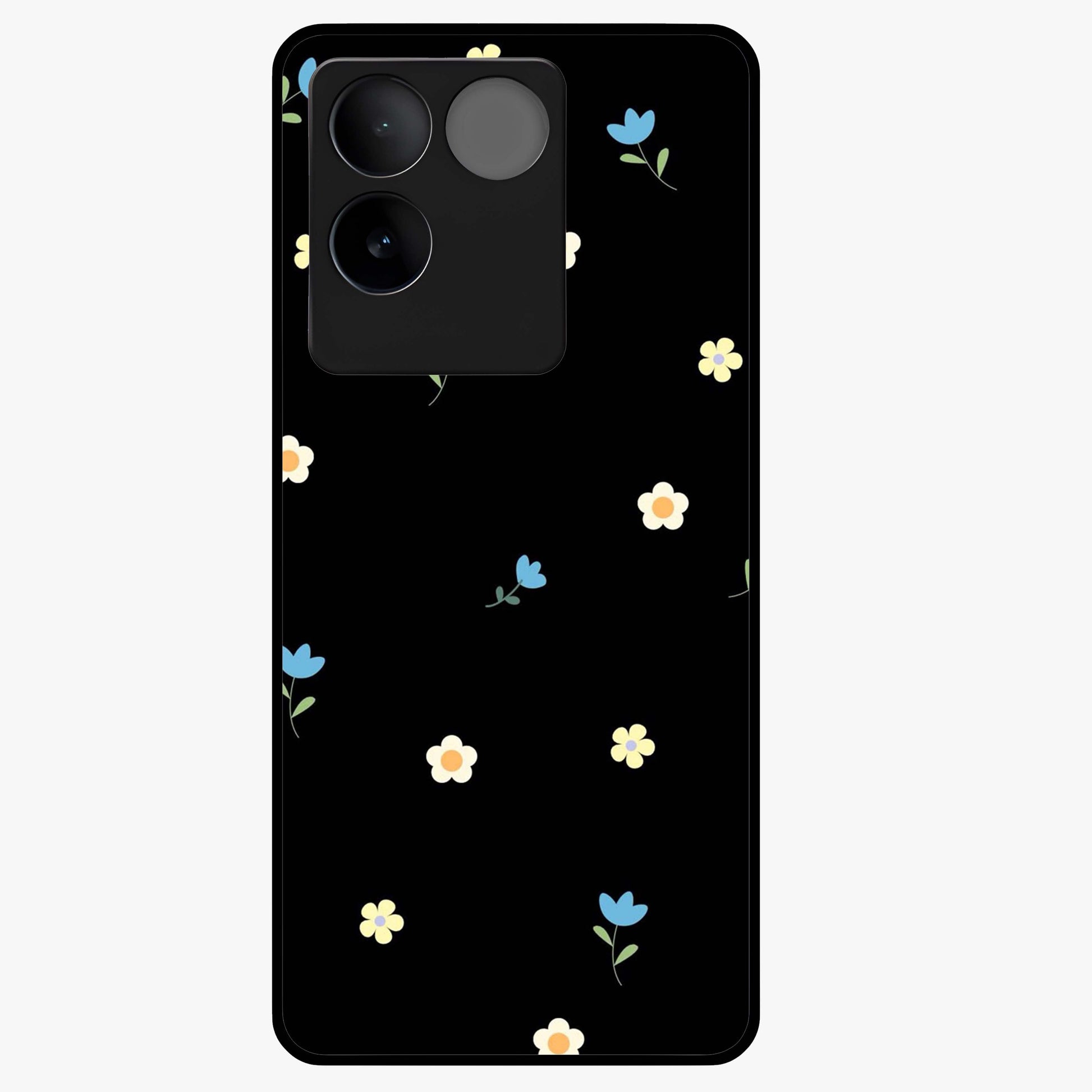 Minimalistic Blue With White Flower Pattern Glass Case showing flat back view with blue background and white flower pattern and glossy glass finish.