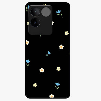 Minimalistic Blue With White Flower Pattern Glass Case showing flat back view with blue background and white flower pattern and glossy glass finish.