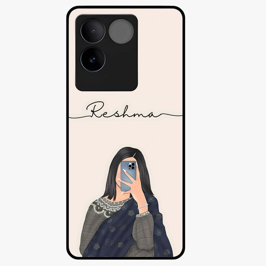 Mirror Mood Muse With Custom Name Glass Case showing flat back view with stylish mirrored artwork and personalized name design.