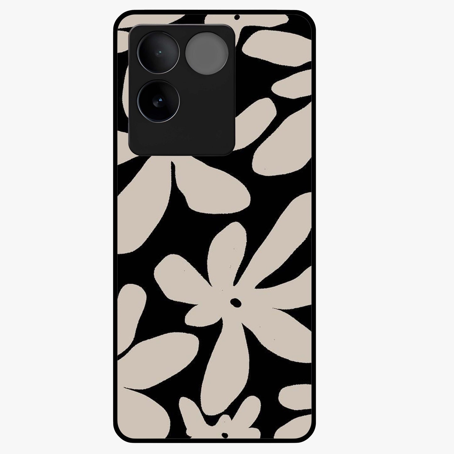 Monochrome Petal Dance Glass Case showing flat back view with monochrome floral artwork and glossy glass finish.