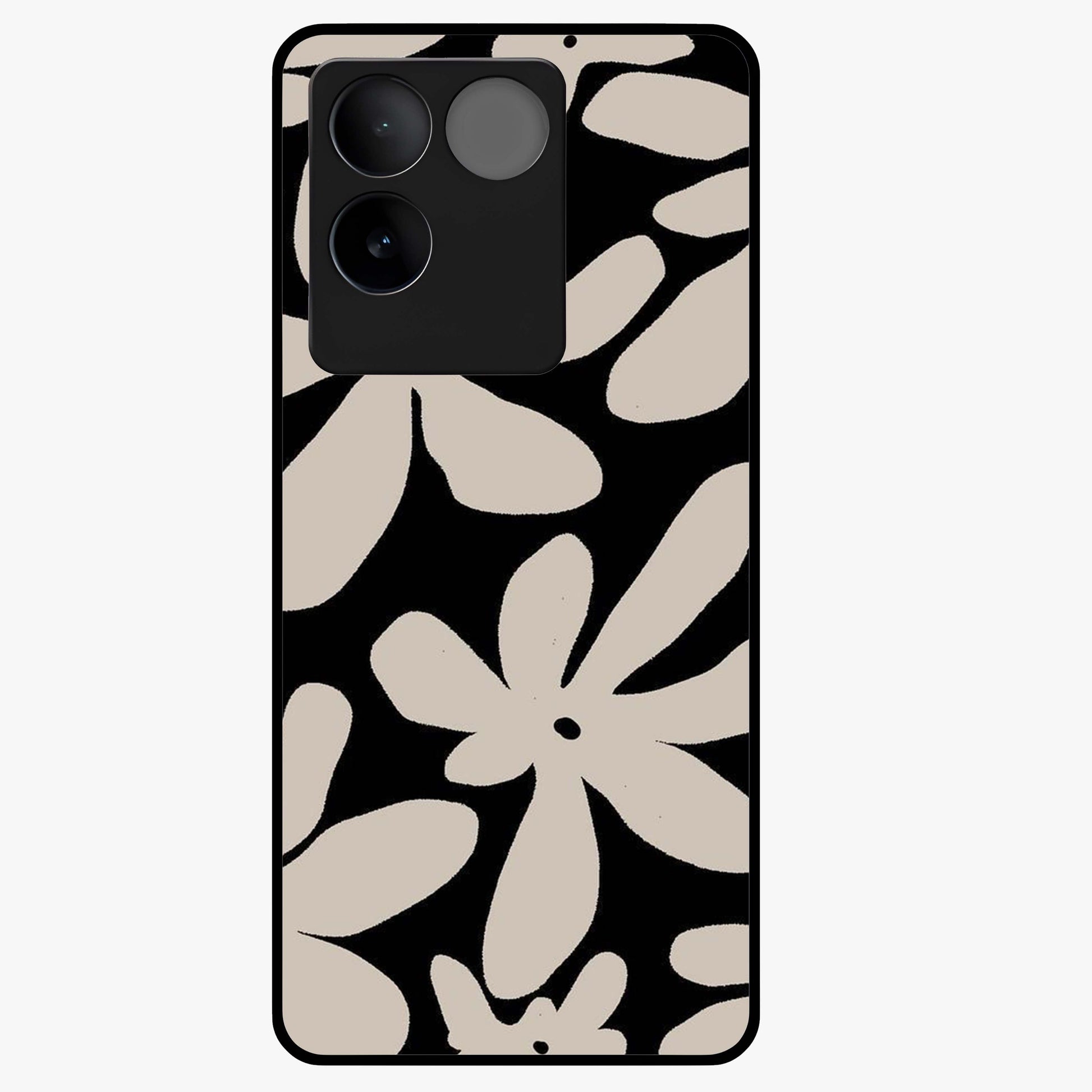 Monochrome Petal Dance Glass Case showing flat back view with monochrome floral artwork and glossy glass finish.