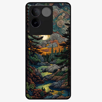 Moonlight Forest Dream Glass Case showing flat back view with mystical forest moonlight artwork and glossy glass finish.