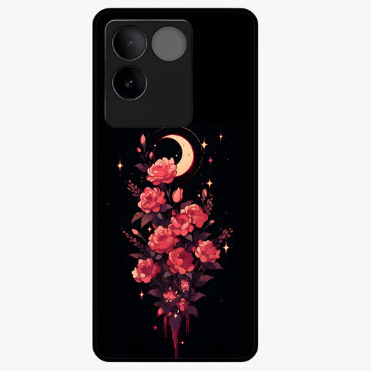 Moonlit Floral Elegance Glass Case showing flat back view with elegant floral artwork under moonlit tones and glossy glass finish.