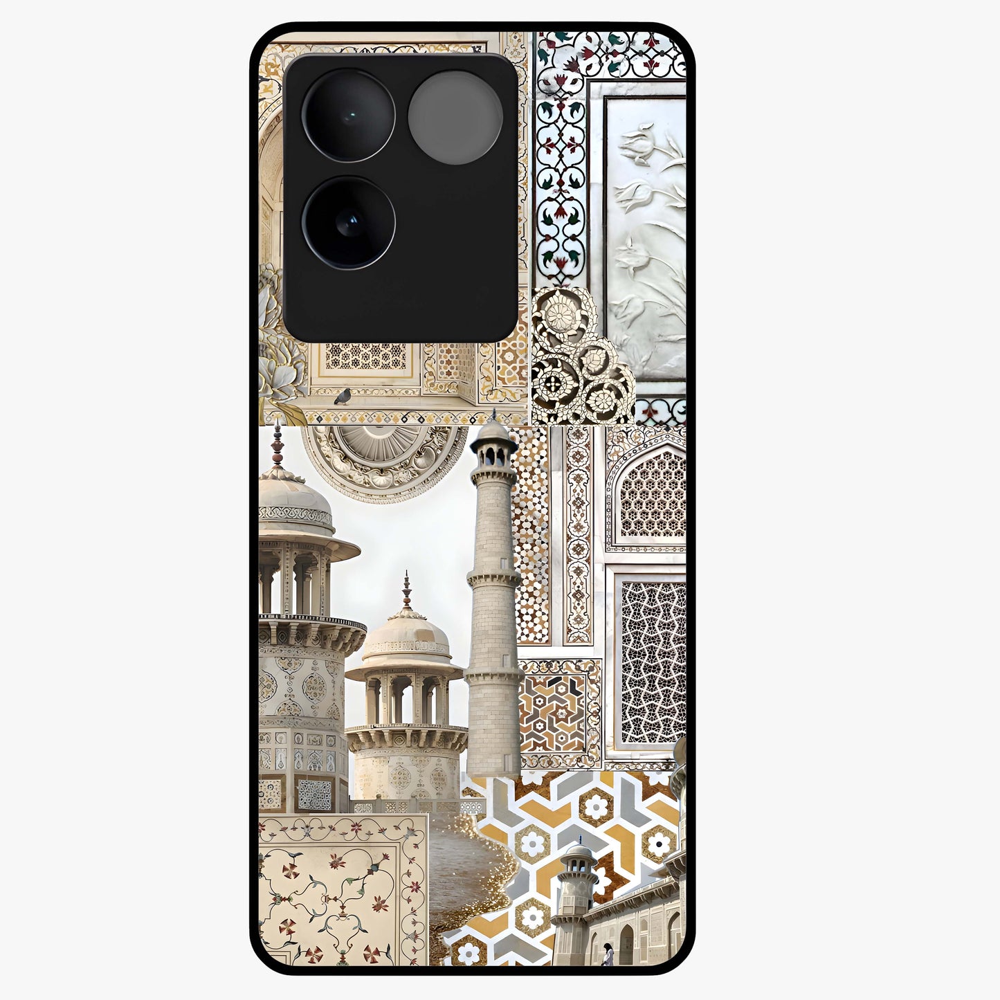 Mughal Marble Legacy Glass Case showing flat back view with intricate Mughal inspired marble pattern and glossy glass finish.
