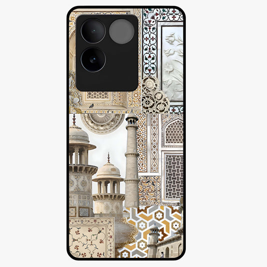 Mughal Marble Legacy Glass Case showing flat back view with intricate Mughal inspired marble pattern and glossy glass finish.