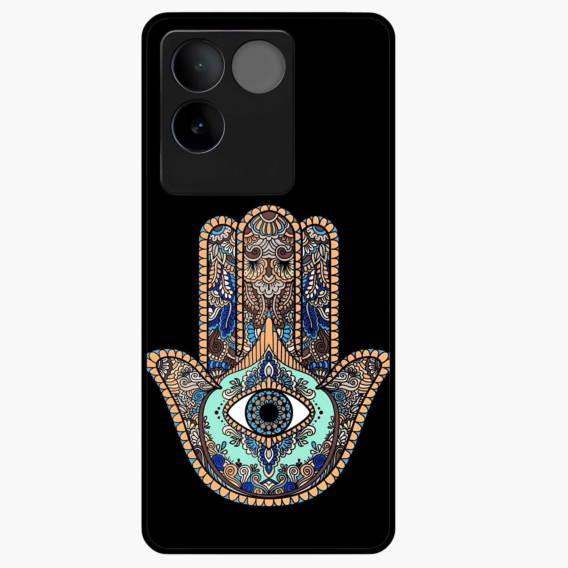 Mystic Hamsa Eye Glass Case showing flat back view with protective hamsa hand and evil eye artwork and glossy glass finish.