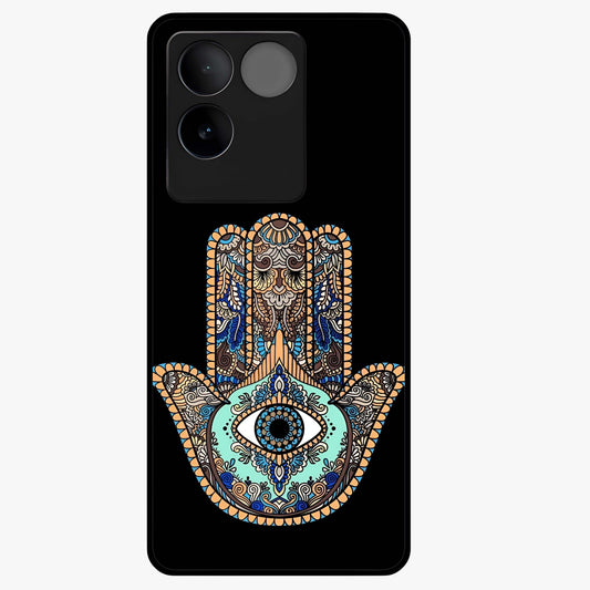 Mystic Hamsa Eye Glass Case showing flat back view with protective hamsa hand and evil eye artwork and glossy glass finish.