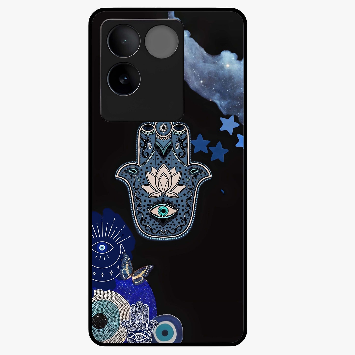Mystic Hand Aura Glass Case showing flat back view with mystical hand symbol artwork and glossy glass finish.