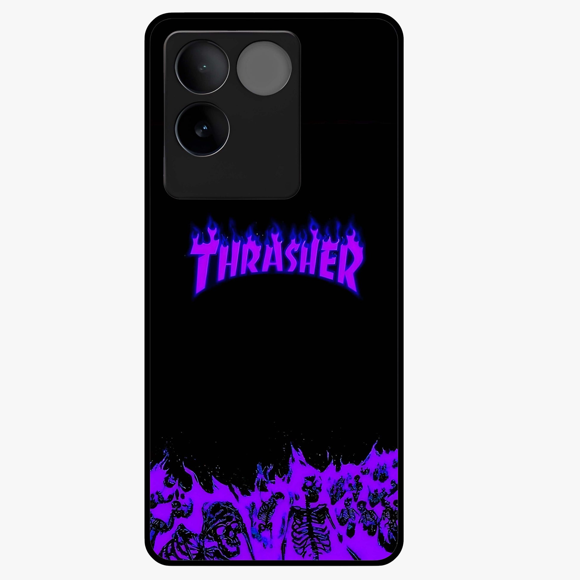 Neon Flame Riot Glass Case showing flat back view with neon flame artwork and glossy glass finish.