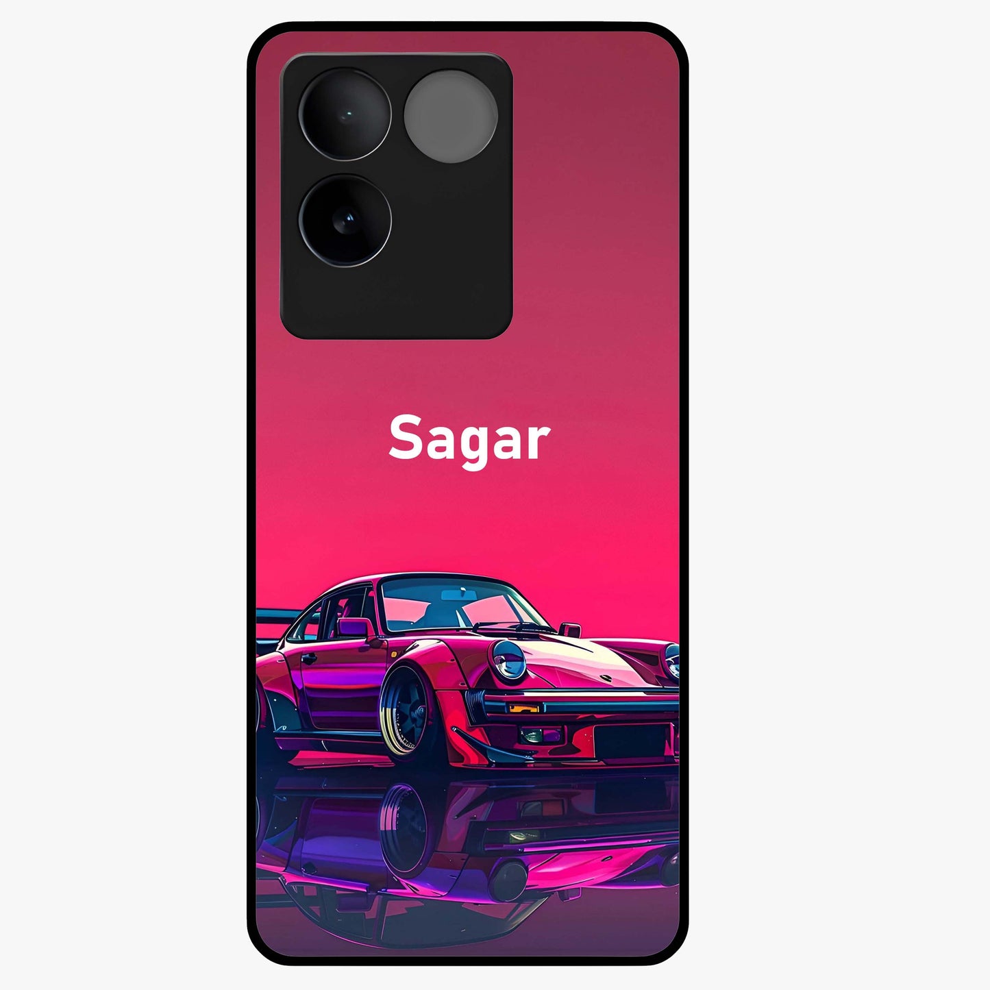 Neon Pink Porsche Glass Case showing flat back view with stylish sports car artwork and glossy glass finish.