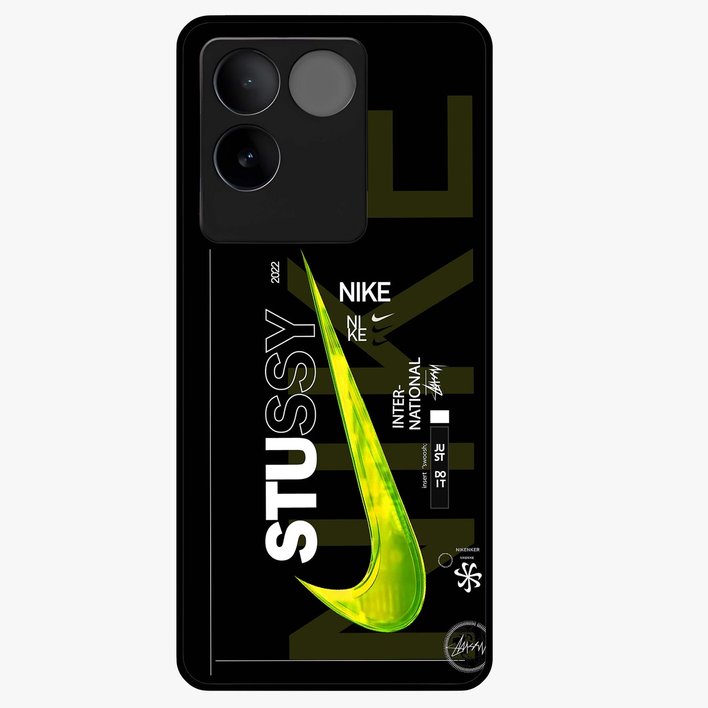 Neon Street Edition Glass Case showing flat back view with neon street style artwork and glossy glass finish.