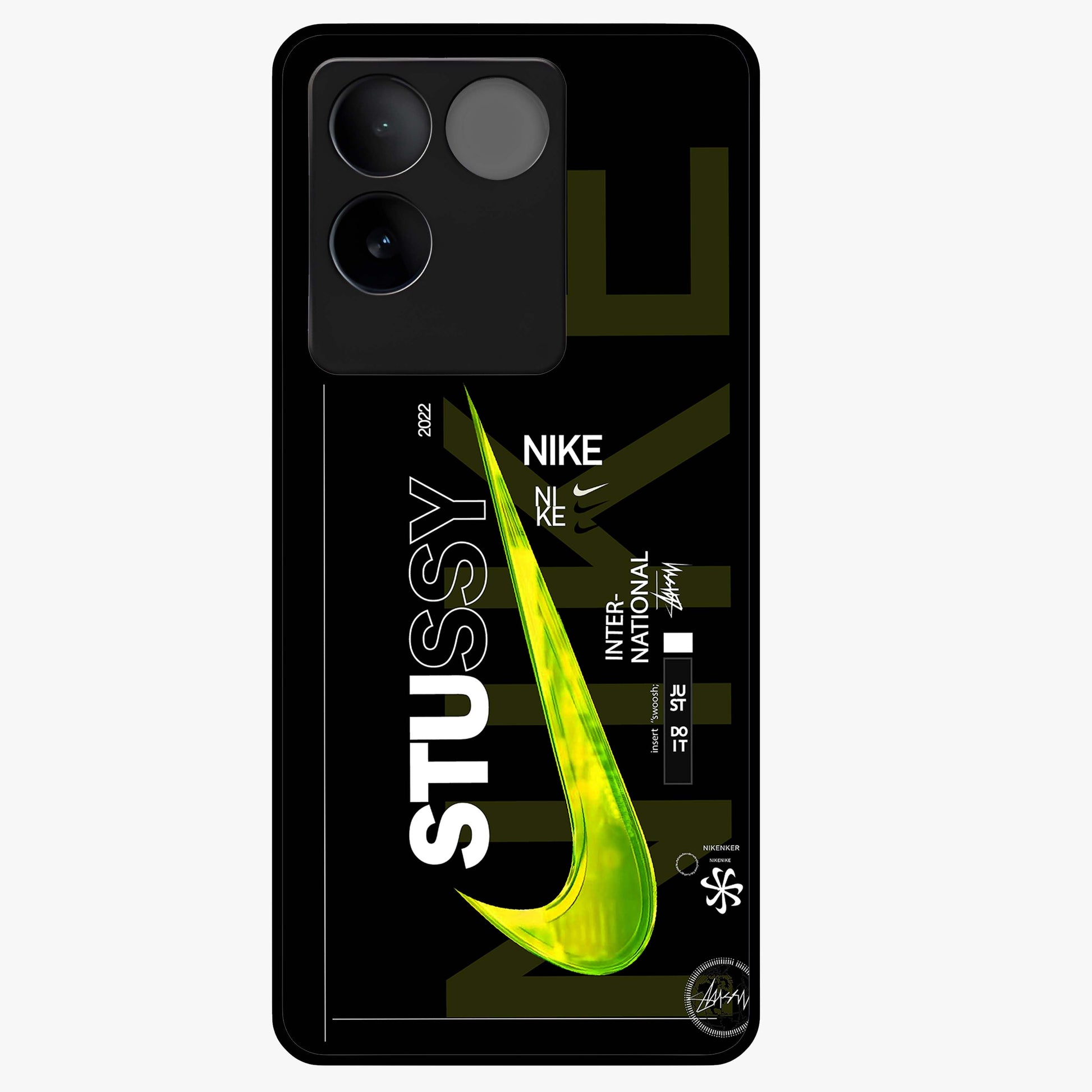 Neon Street Edition Glass Case showing flat back view with neon street style artwork and glossy glass finish.
