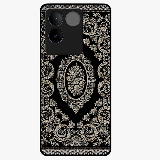 Noir Bloom Elegance Glass Case showing flat back view with elegant dark floral artwork and glossy glass finish.
