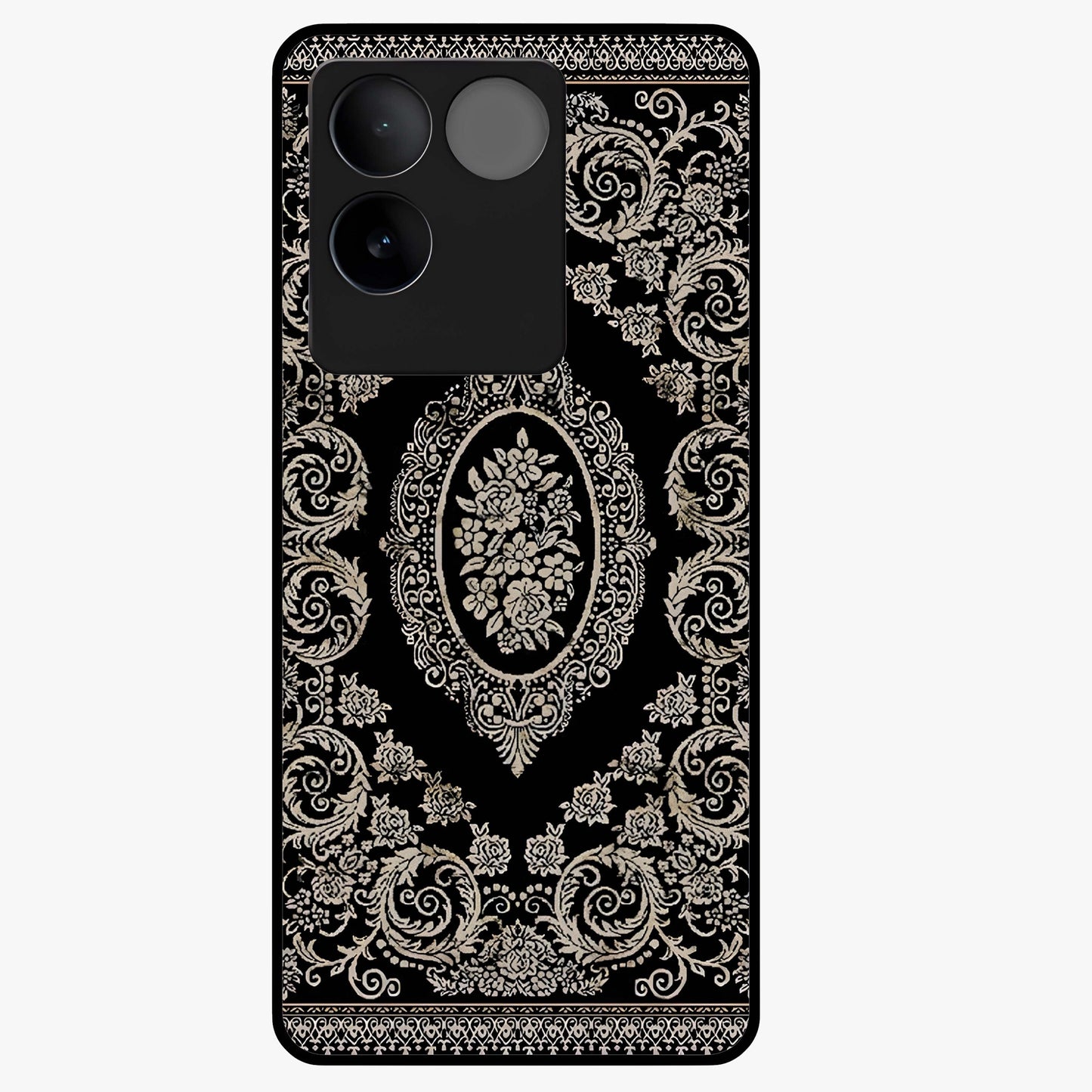Noir Bloom Elegance Glass Case showing flat back view with elegant dark floral artwork and glossy glass finish.