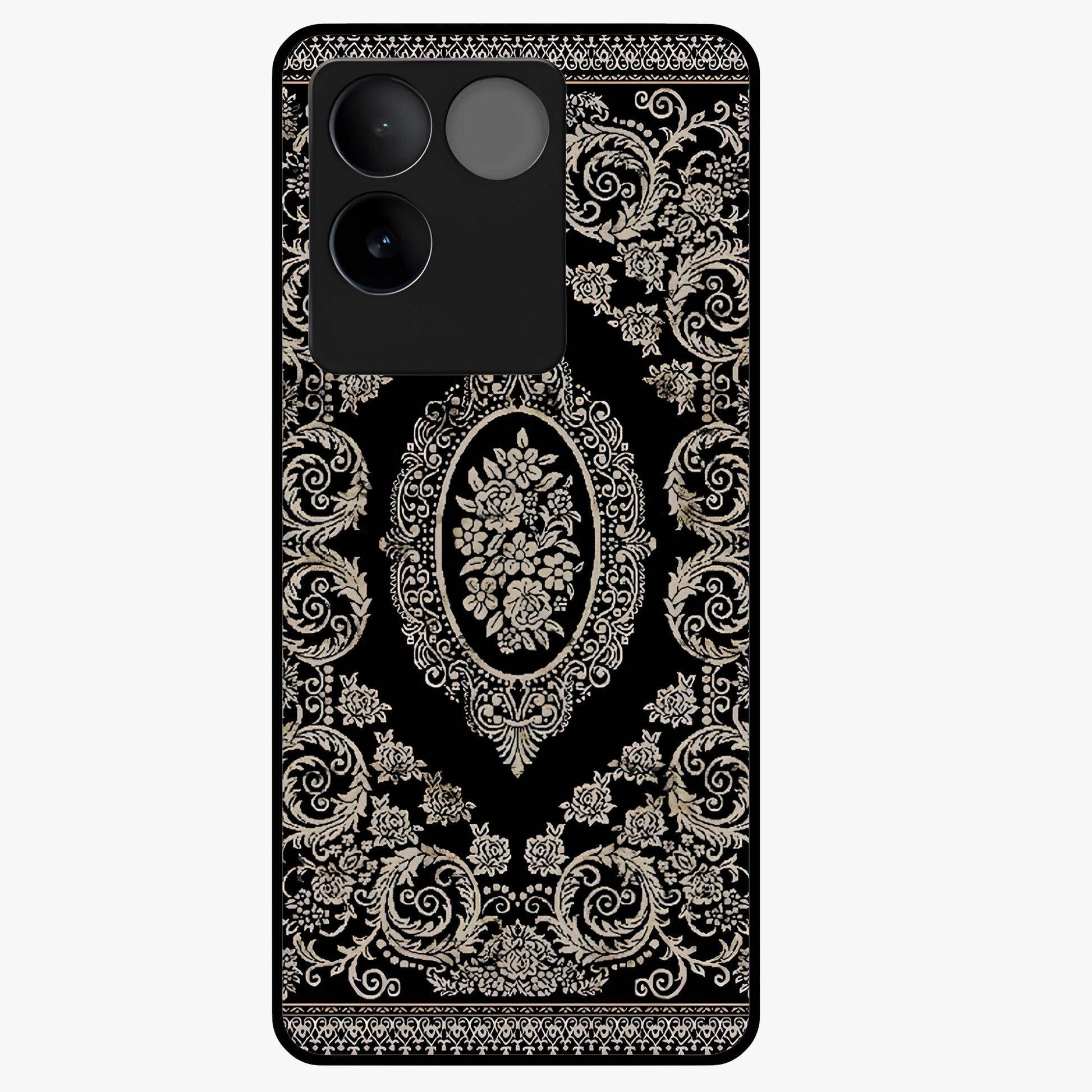 Noir Bloom Elegance Glass Case showing flat back view with elegant dark floral artwork and glossy glass finish.