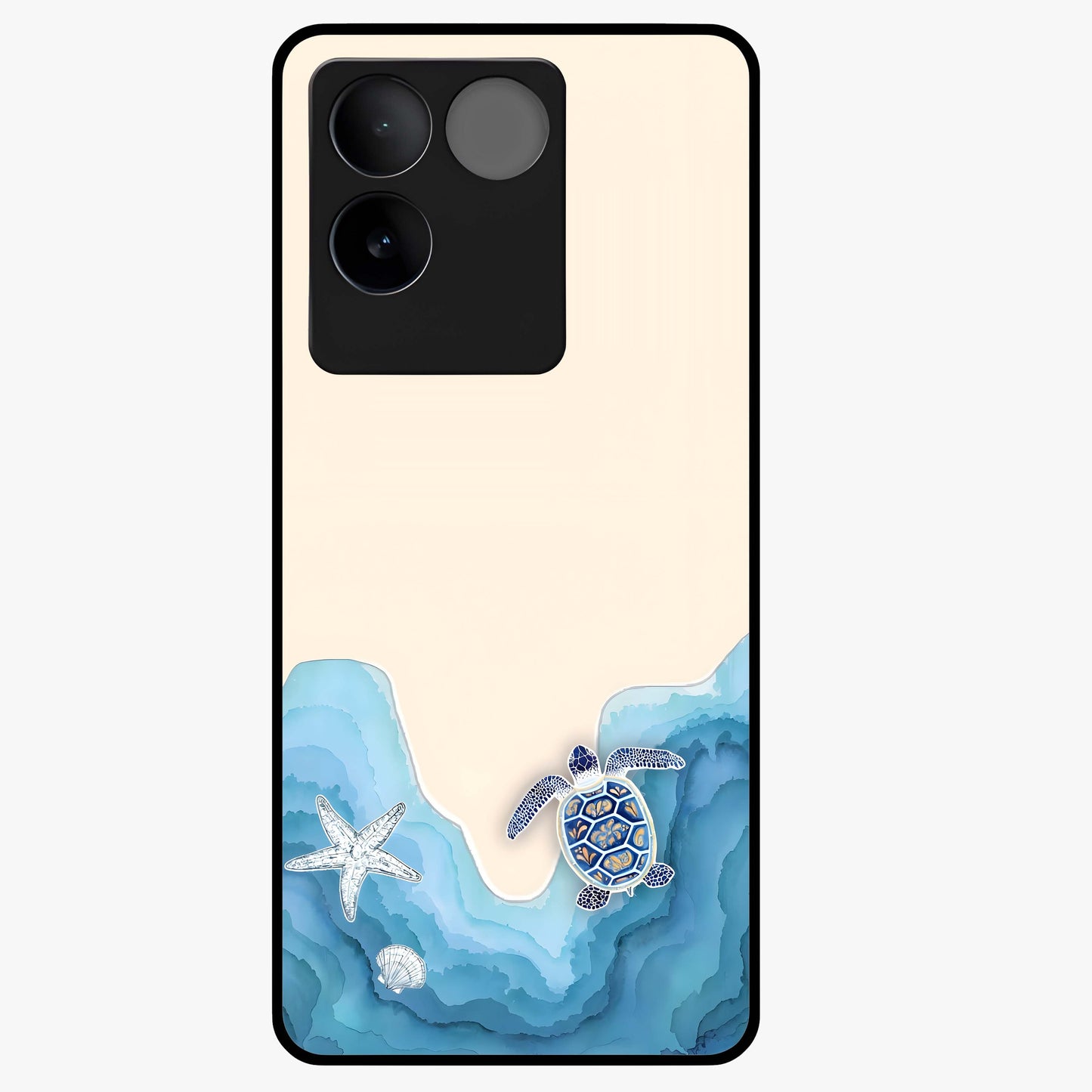 Ocean Drift Turtle Glass Case showing flat back view with sea turtle artwork and glossy glass finish.