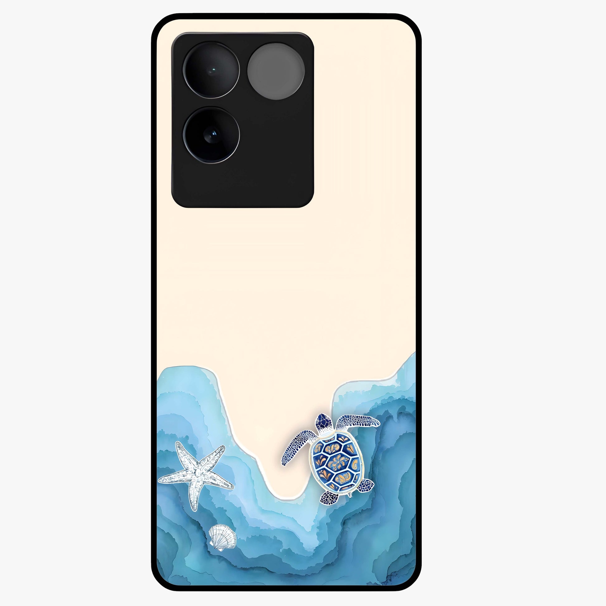 Ocean Drift Turtle Glass Case showing flat back view with sea turtle artwork and glossy glass finish.