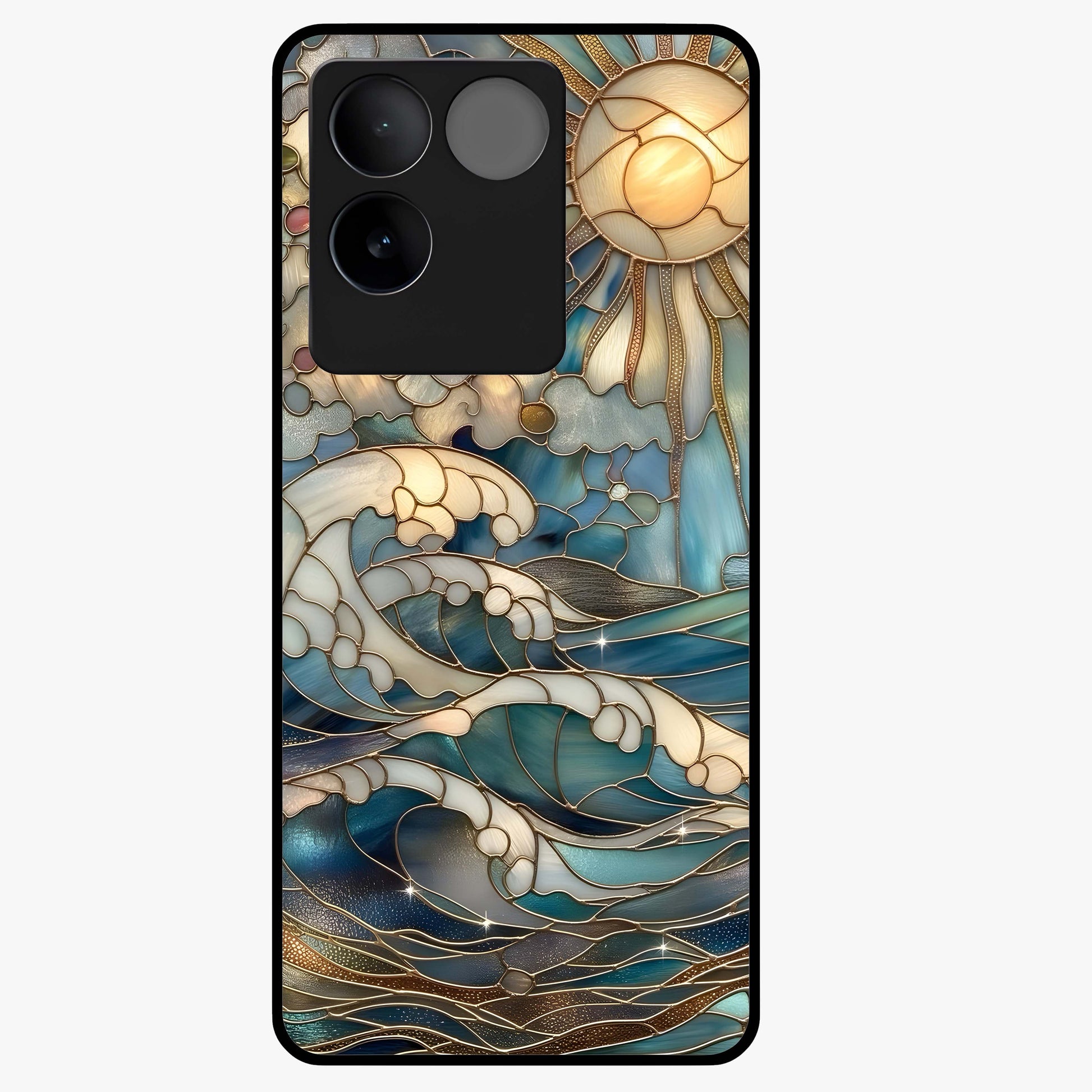 Oceanic Stained Printed Glass Case showing flat back view with ocean inspired stained pattern artwork and glossy glass finish.