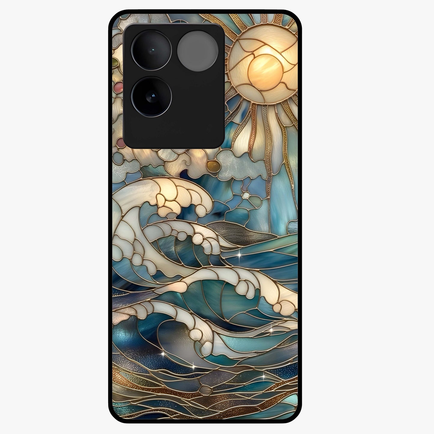 Oceanic Stained Printed Glass Case showing flat back view with ocean inspired stained pattern artwork and glossy glass finish.
