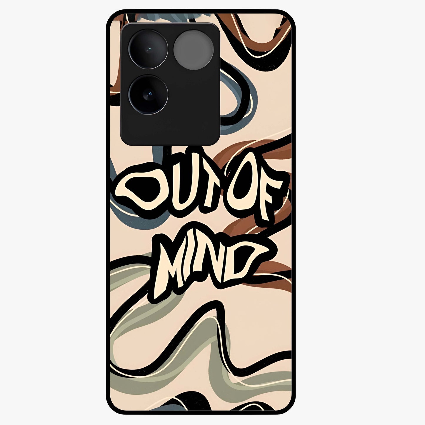 Out Of Mind Glass Case showing flat back view with expressive typography artwork and glossy glass finish.
