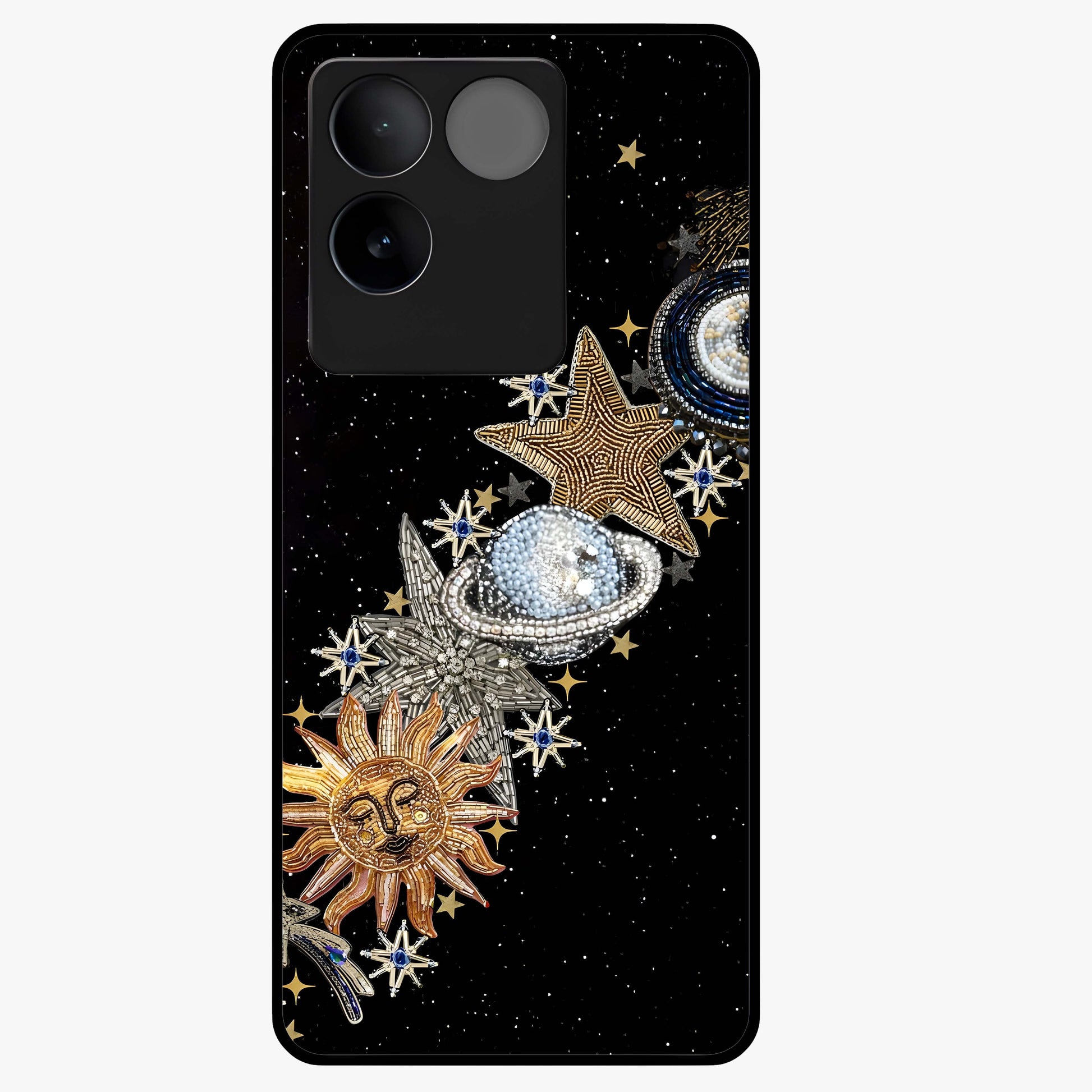 Pearls Universe Object Glass Case showing flat back view with pearl inspired cosmic artwork and glossy glass finish.