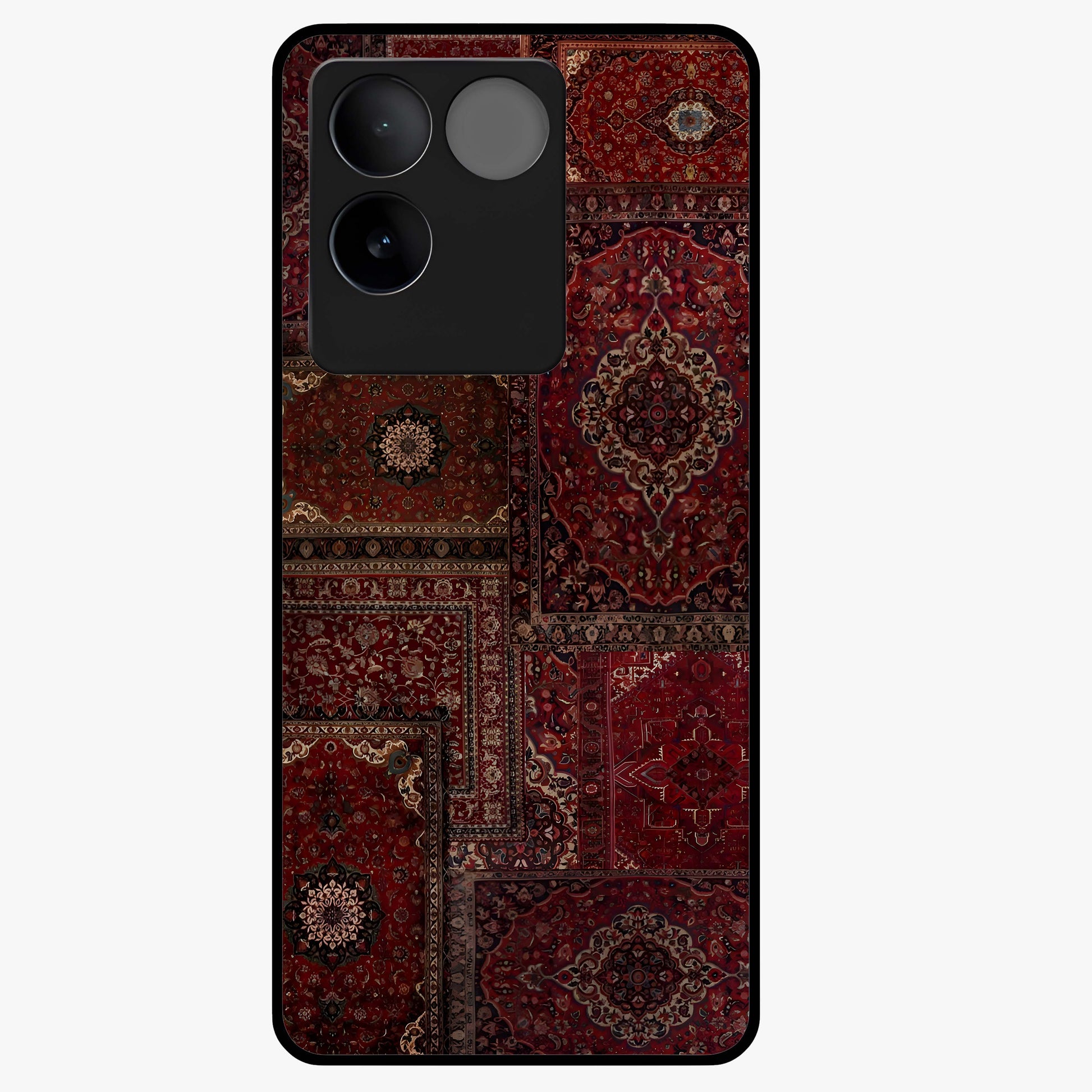 Persian Velvet Tale Glass Case showing flat back view with luxurious Persian velvet pattern artwork and glossy glass finish.