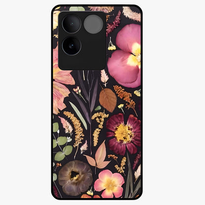 Petal Dream Tapestry Glass Case showing flat back view with intricate floral tapestry artwork and glossy glass finish.