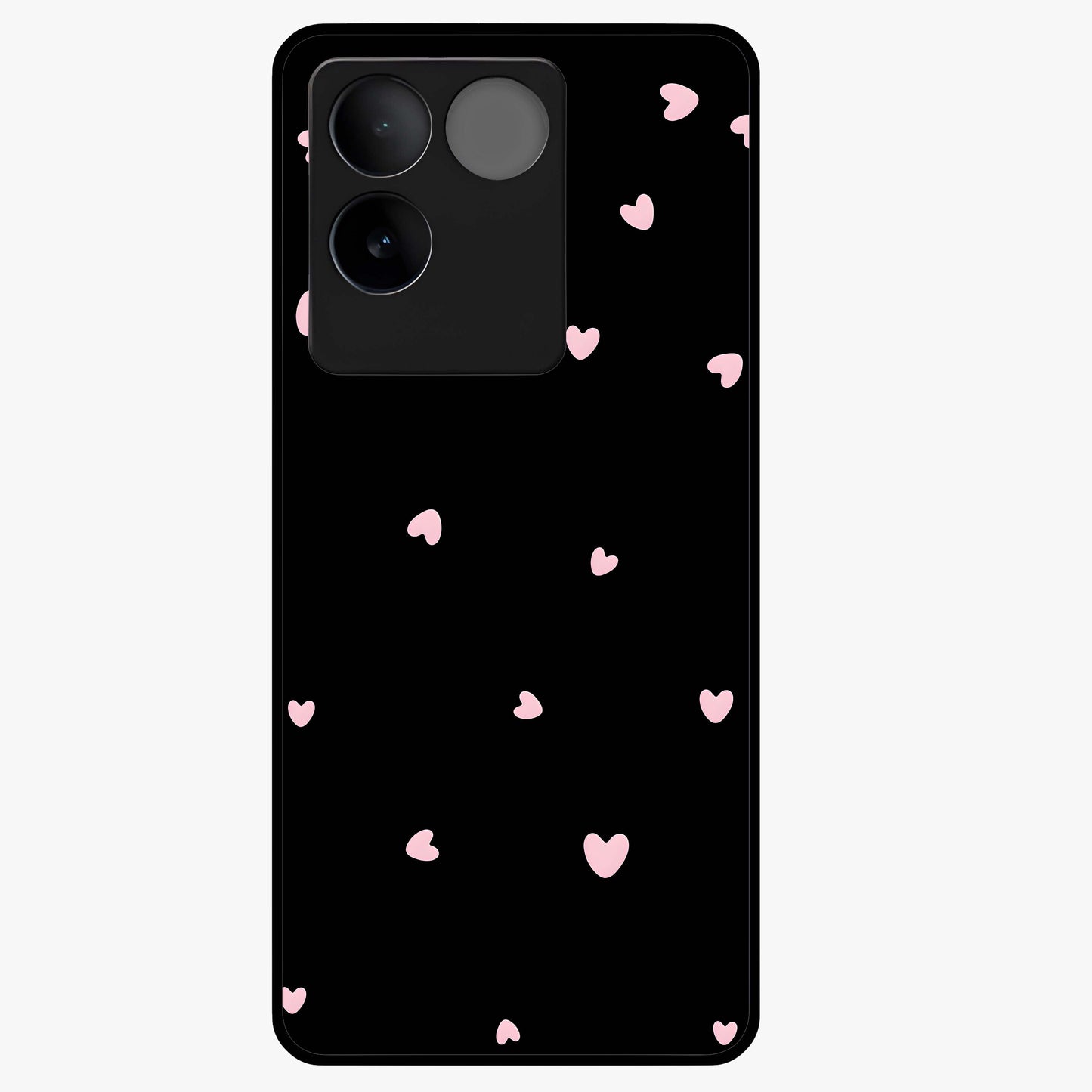 Pink Love Drops Glass Case showing flat back view with playful pink heart drops artwork and glossy glass finish.