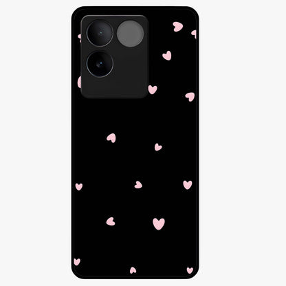 Pink Love Drops Glass Case showing flat back view with playful pink heart drops artwork and glossy glass finish.