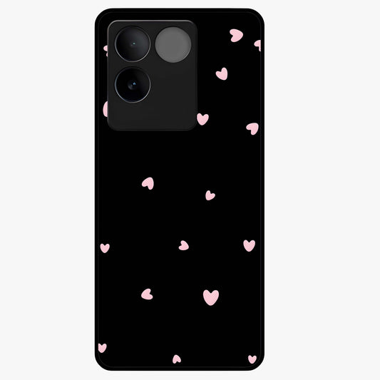Pink Love Drops Glass Case showing flat back view with playful pink heart drops artwork and glossy glass finish.
